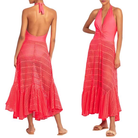 PATBO Crochet Beach Dress Halterneck  Neon Coral Resort Influencer Medium NWT - Picture 2 of 11